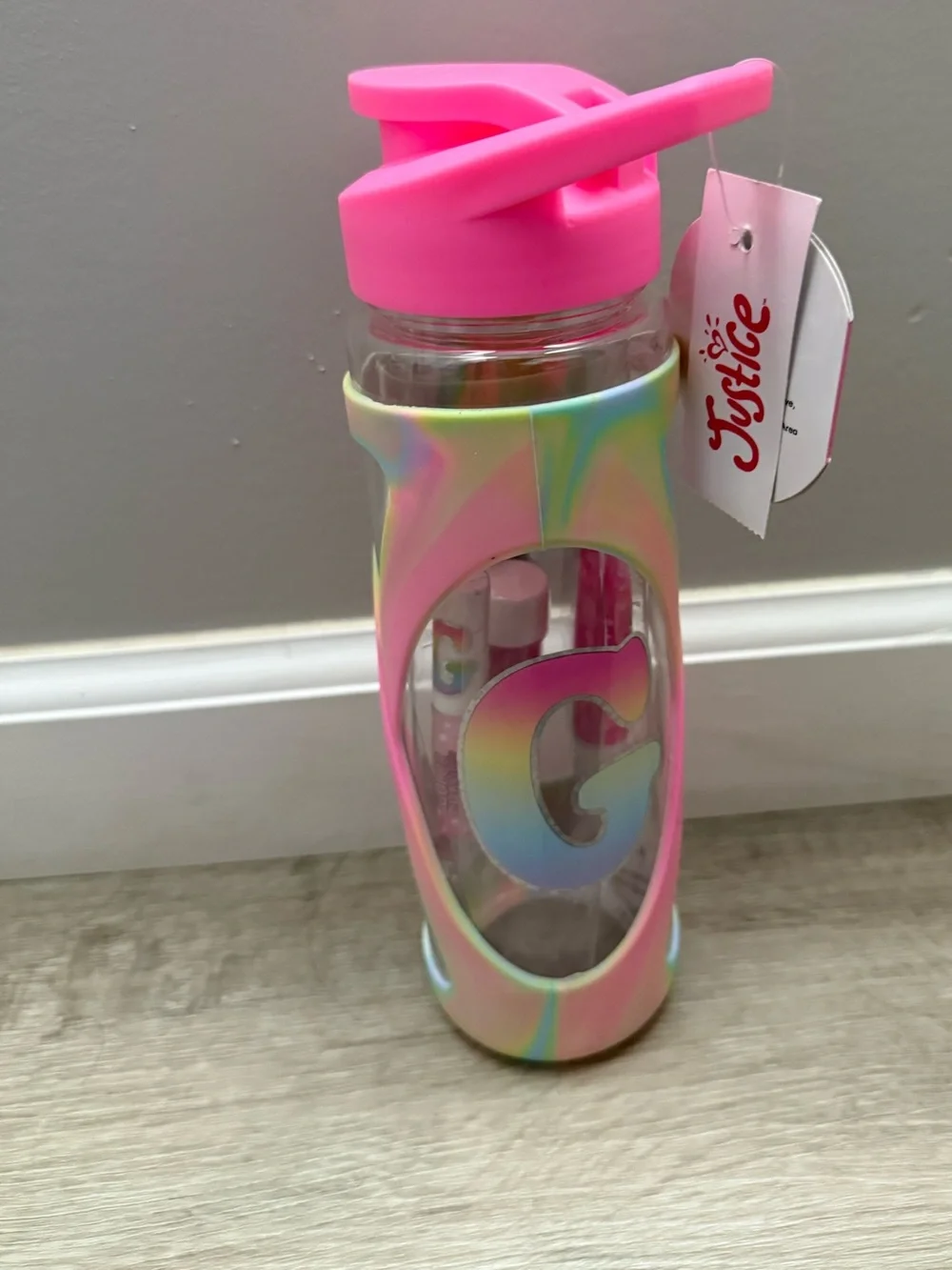 Justice Pink Lid Iridescent Sleeve Water Bottle with G Detail